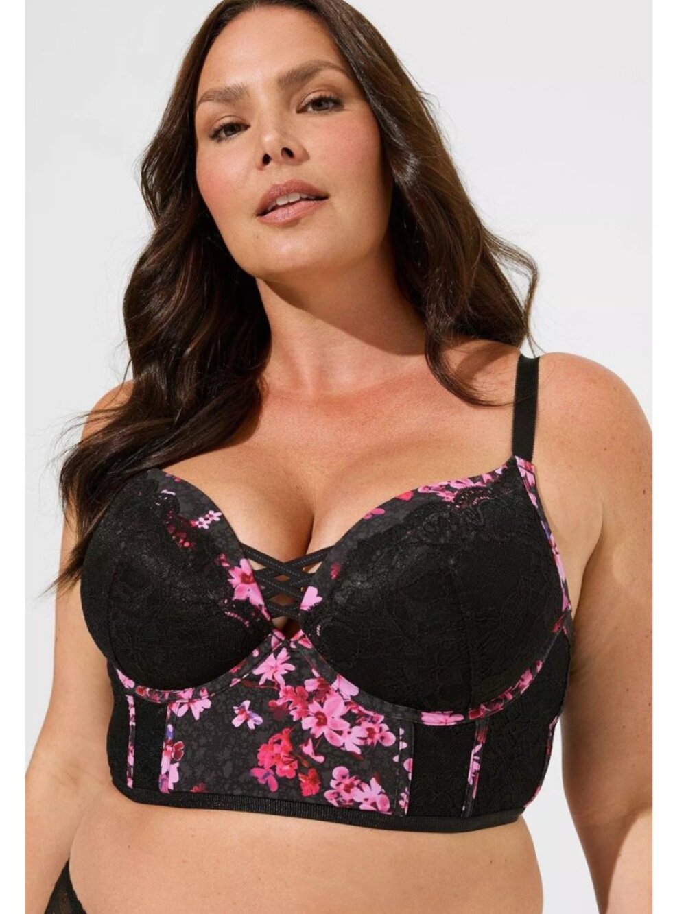 NWT Torrid 44DDD Black Floral XO Plunge Longline Push-Up Bra
